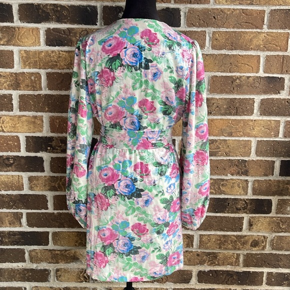 WAYF Loretta White Sequin Floral Print Long Sleeve Wrap Dress - Picture 9 of 11